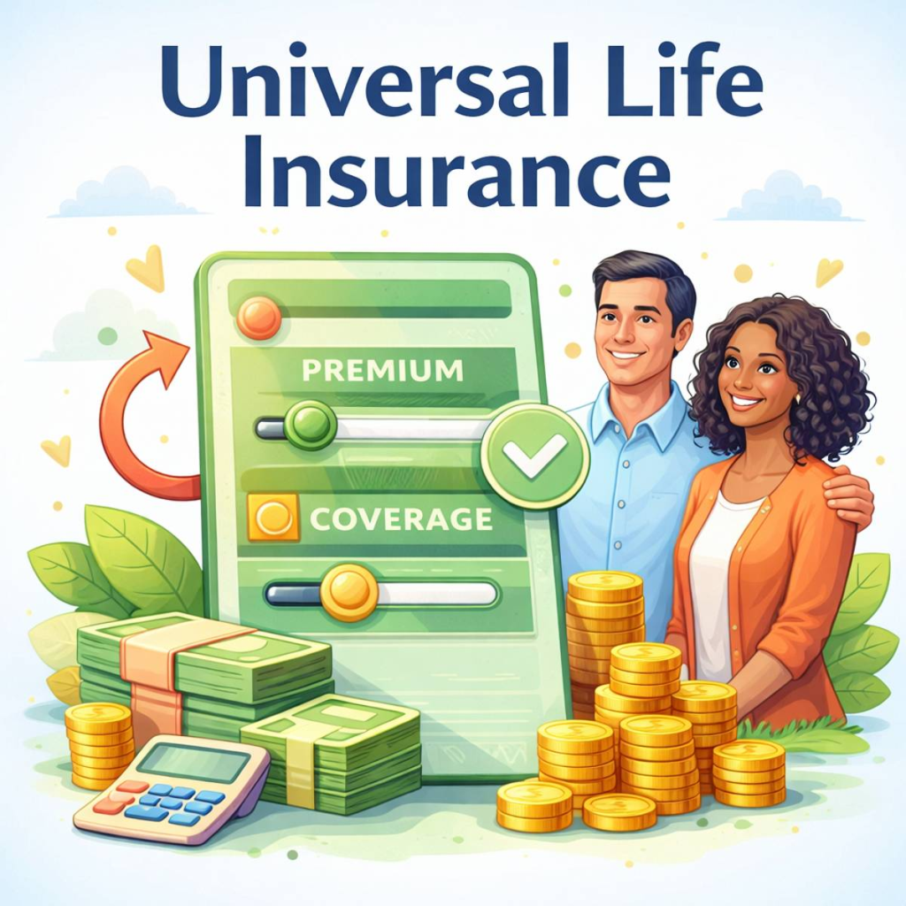 Illustration of universal life insurance showing adjustable premium and coverage sliders with a couple and financial symbols representing flexible long-term protection