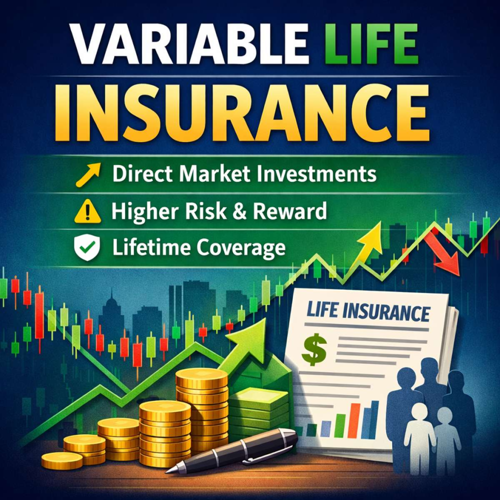 Variable life insurance illustration showing market investment growth, risk and reward balance, and lifetime coverage concept