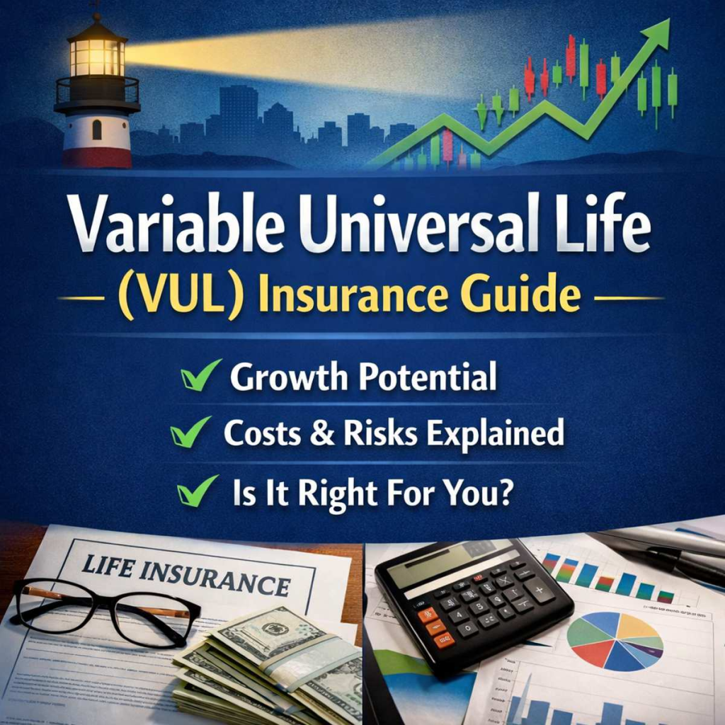 Variable universal life VUL insurance concept showing growth chart, lighthouse, and financial planning tools
