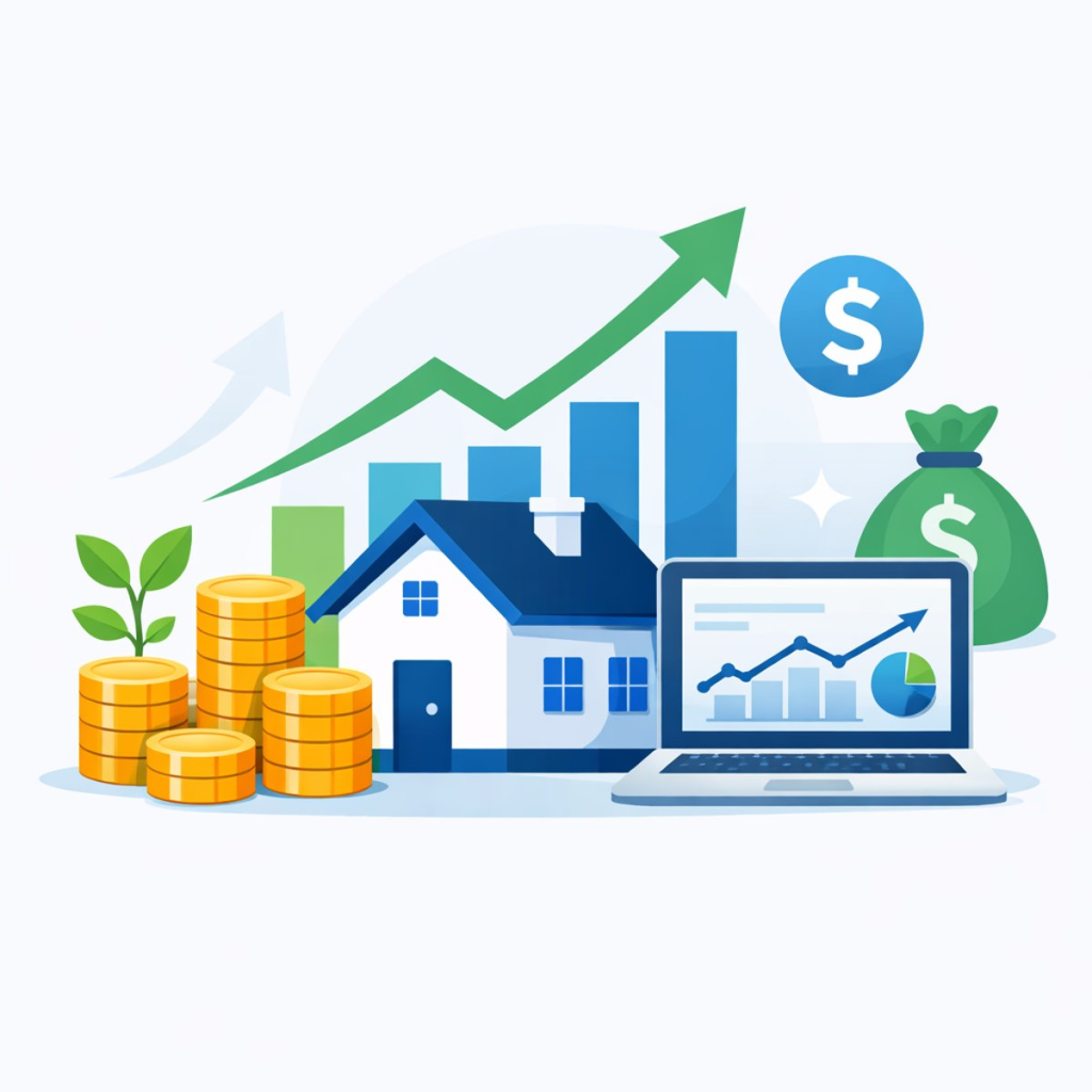 Illustration of wealth building and passive income strategies with growth chart, coins, real estate, and digital income elements