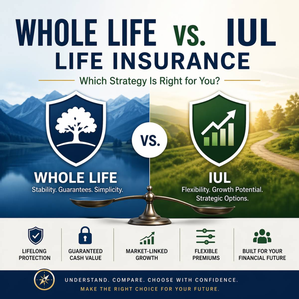 Whole life vs indexed universal life insurance comparison showing guarantees, flexibility, and growth differences
