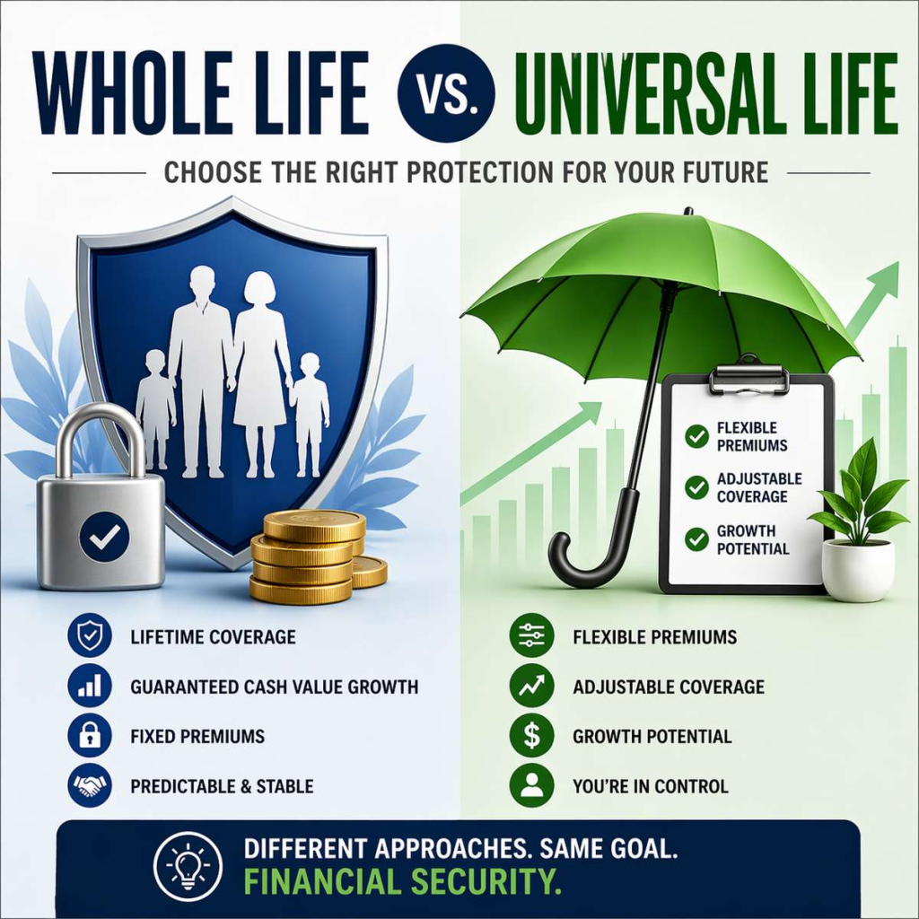 Whole life vs universal life insurance comparison showing fixed vs flexible premiums and guaranteed vs variable growth