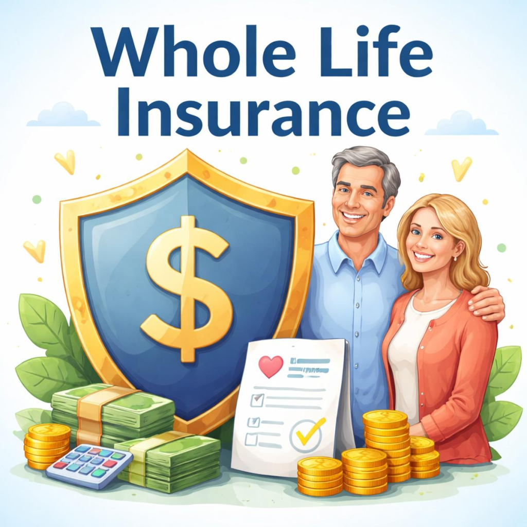 Illustration of whole life insurance showing a couple, shield with dollar symbol, and financial assets representing lifetime coverage and long-term protection