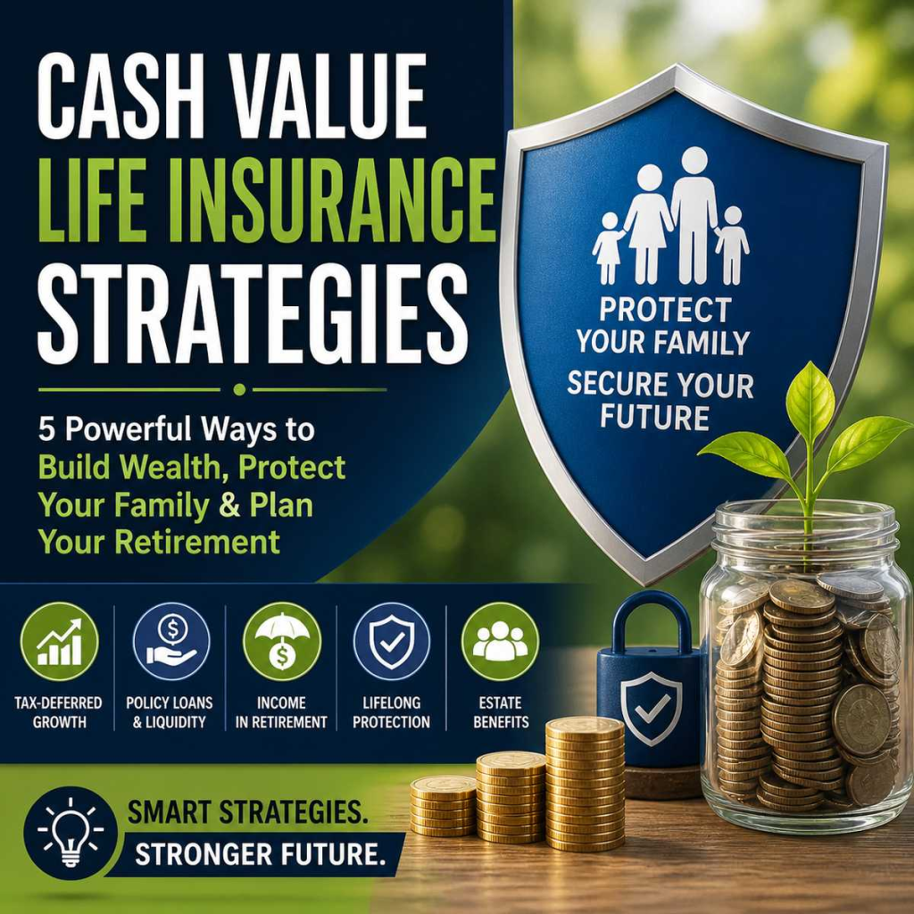 Infographic showing cash value life insurance strategies including tax-deferred growth, policy loans, retirement income, and family financial protection