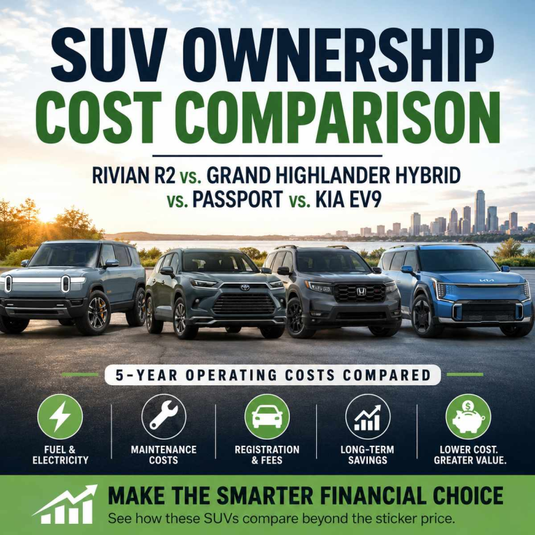Comparison of 2027 SUV ownership costs featuring the Rivian R2, Toyota Grand Highlander Hybrid, Honda Passport, and Kia EV9, highlighting five-year operating costs including fuel, maintenance, and registration expenses.