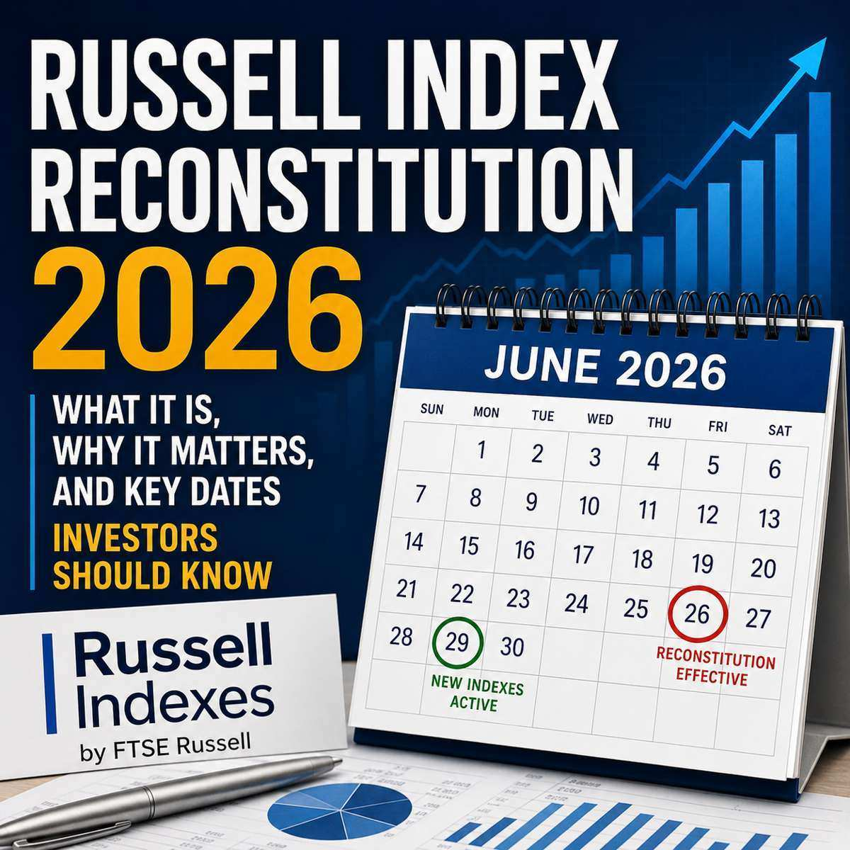 Illustration of the Russell Index Reconstitution 2026 showing key June dates, stock market charts, and a calendar highlighting reconstitution day and the activation of new Russell indexes.