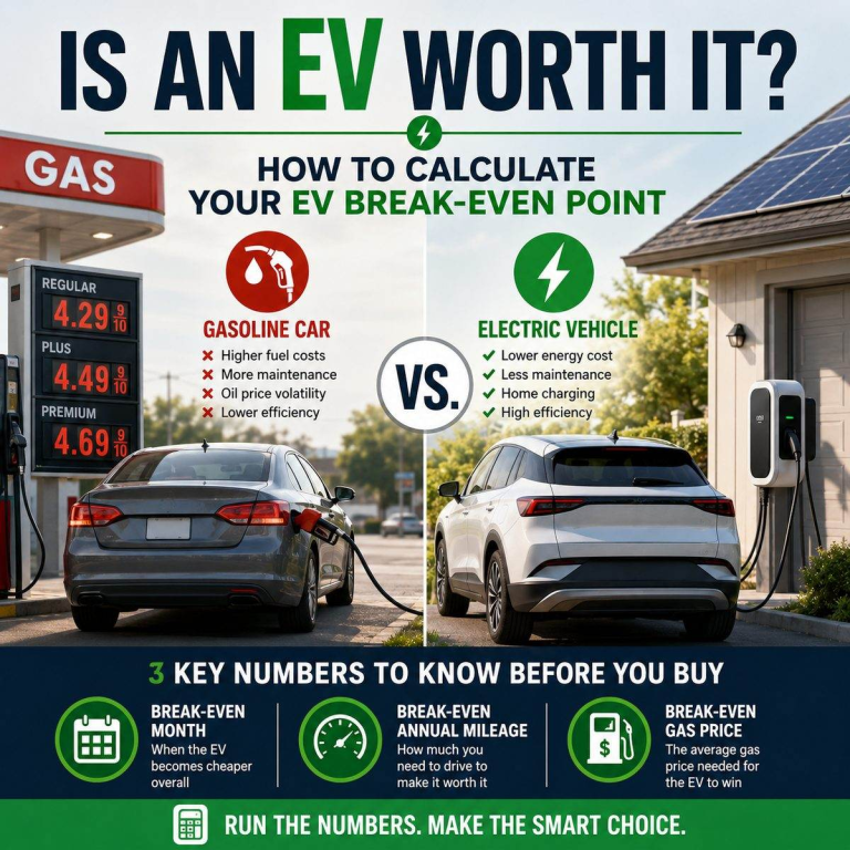 Gasoline car at a gas station compared with an electric vehicle charging at home, illustrating EV break-even costs.